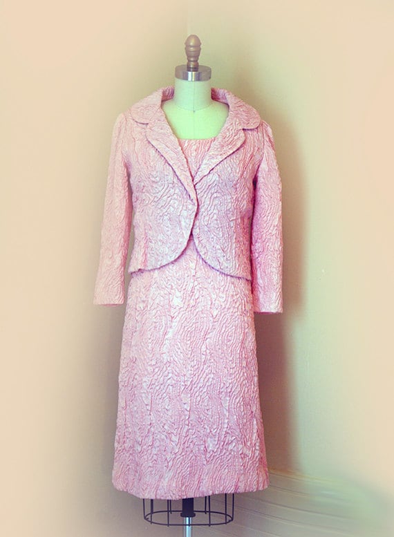 1960s 2pc. Pink Krinkle Texture Wiggle Dress with… - image 1