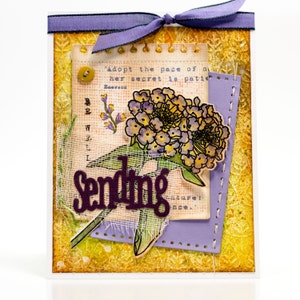 Sending A Lovely Hello Handmade Paper Card, Any Occasion Handmade Greeting, Lovely Shades of Purples, Yellows and Greens Collage Card