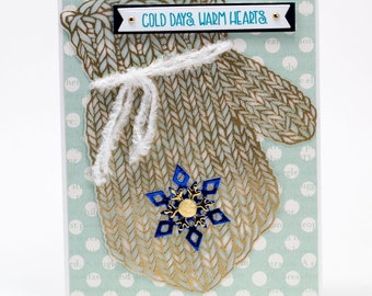 Mittens, Yarn, Handmade Winter Card, Cold Days, Snowflake, Happy Winter