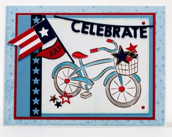 Celebrate, Paper Handmade Greeting Card, Stars and Stripes, Bicycle, Red, White and Blue, Handmade Note Cards, Made in USA, Fourth of July