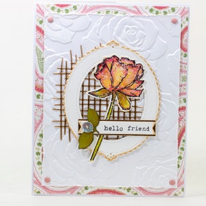 Tarjeta de felicitación hecha a mano de rosa de verano, hola amigo, rosas encantadores, verdes y dorados, todas las ocasiones