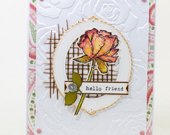 Summer Rose Handmade Greeting Card, Hello Friend, Lovely Pinks, Greens and Gold, All Occasions