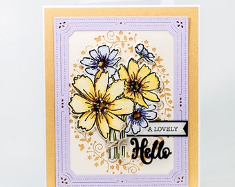 Hello, Watercolor, Handmade Greeting Card, Beautiful Lavender and Yellow Flowers