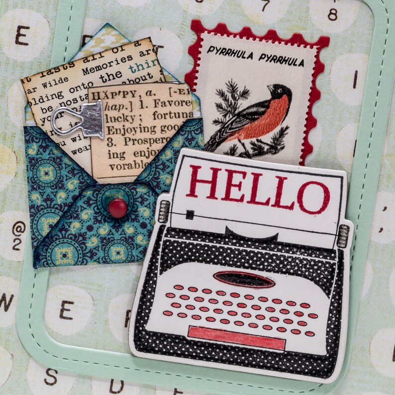 Hello Tiny Envelope Typewriter Handmade Paper Card Postage Stamp