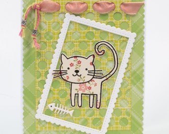 Calico Kitten, Paper Handmade Greeting Card, Green and Pink, Birthday, Hello