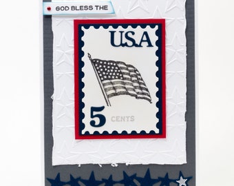 God Bless America, Honor Flight, Independence Day Card, American Flag, Red, White, Blue Handmade Note Card