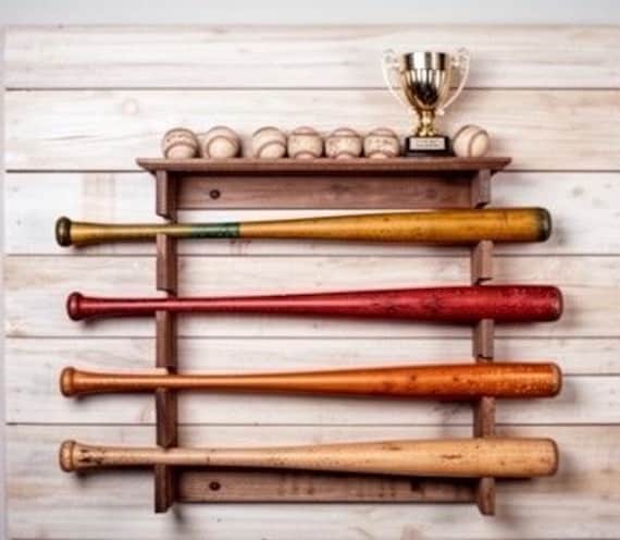 Handmade Ash Wood Baseball Bat Rack: Holds 4 Bats with Trophy Shelf