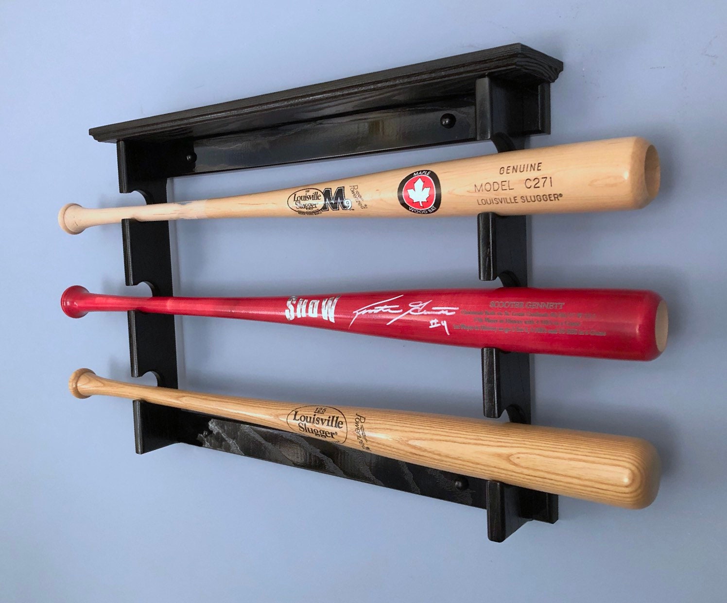 Horizontal 3 Baseball Bat Rack With Trophy or Ball Shelf for Horizontal 3 Baseball Bat Rack With Trophy or Ball Shelf for