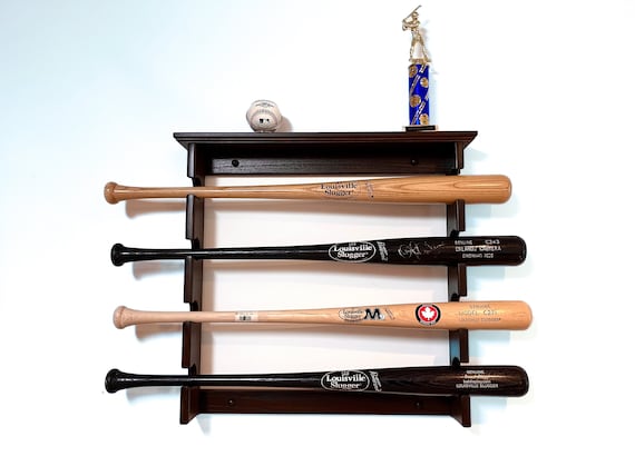 Horizontal 4 Baseball Bat Rack with trophy or ball shelf for regular full sized bats