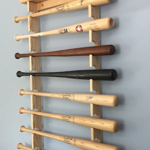 Horizontal display rack for 8 full sized baseball bats with trophy or ball shelf