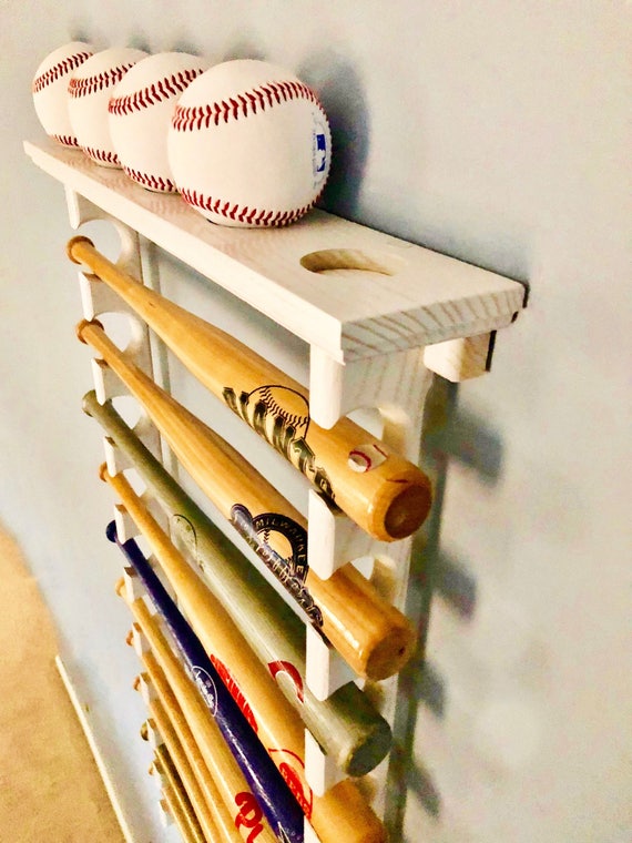 10 Mini Souvenir Bat Horizontal Baseball Bat display Rack with Ball Shelf (shown in white)