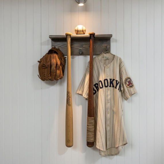 Baseball bat rack with baseball shelf, hat and jersey hangers