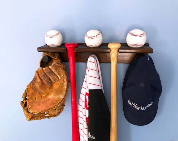 Baseball bat rack with baseball shelf, hat and jersey hangers