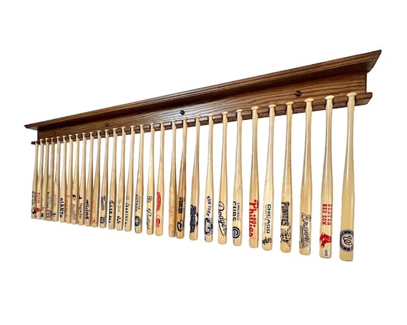 Mini Souvenir Bat Rack – Holds 30 Mini Bats, Vertical Wall Display, Hardwood Shelf Top