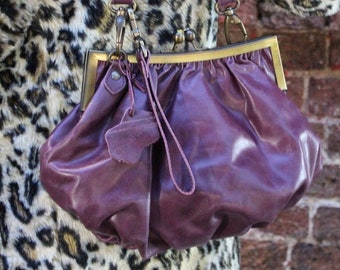 Top diamante clip frame bag, Christina Bag Purple Genuine Leather, Medium Cross body Gathered Purse , Kiss Clip Vintage Style Convertible