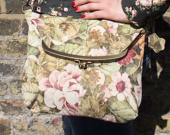 Floral printed leather bag, Kiss clip across body purse, Fold over flap bag, Clasp lock medium Dublin kiss lock purse, Floral leather purse