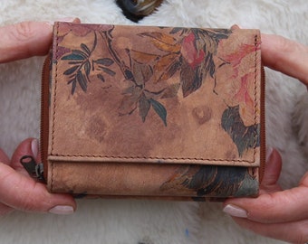 Floral Leather Trifold Wallet, Multi Compartment Coin Purse, 'Grande'