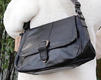 Bolsa tiracolo de couro preta: bolsa de mão 'Lilly Jane' Top Stitch dos anos 70