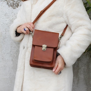 Mini Satchel cuero bronceado, bolso con cerradura de empuje de cuerpo cruzado de cuero duro, cierre de mini empuje de cuerpo cruzado, color latón, bolso de estilo vintage, Wichita