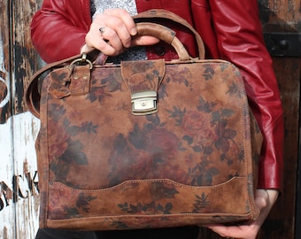 Large Dark Floral Leather Doctor Bag: Detachable Strap