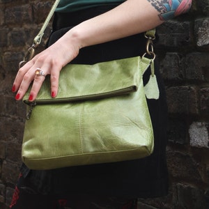 Odilynch Mini Amelie Apple Green Leather Fold over Messenger Bag, Front and back ykk zips, Inner compartments, Adjustable, Flap purse green