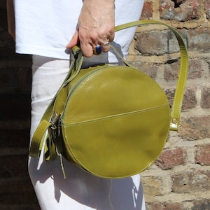 Apple Green Leather Circle Bag: Rupert Round Crossbody with Pockets