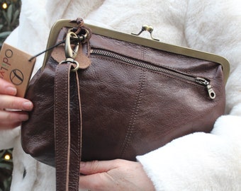 Top Clasp handbag, Kiss clip dark brown purse, Front zip cross body clip frame purse, Layla top clip frame bag, Dark brown leather genuine