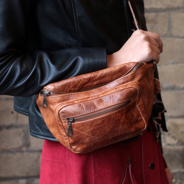 Bum Bag tan leather, Double Zipped, Tan Scrunchy Leather, Chest bag, Belt bag, Hip bag, Inner pocket, Outer two YKK zipped pockets, Classic