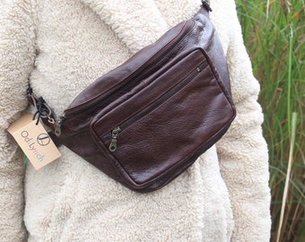 Dark Brown Leather Fanny Pack: Double Zip Unisex Bum Bag