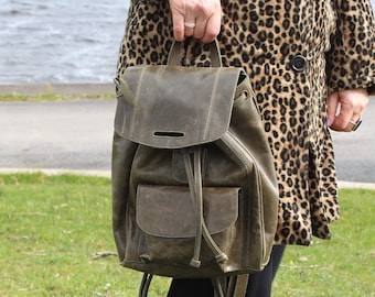 Olive green leather rucksack, Small Coolruck, Backpack Dark Green Leather, Tongue leather backpack, Drawstring leather rucksack, Lightweight