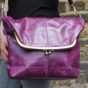 Large Clip Bag Purple Leather, Flap over, Cross body leather handbag, Oversized, Brass kiss lock, clasp closure, Back+front pockets, Dublin