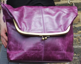 Large Clip Bag Purple Leather, Flap over, Cross body leather handbag, Oversized, Brass kiss lock, clasp closure, Back+front pockets, Dublin