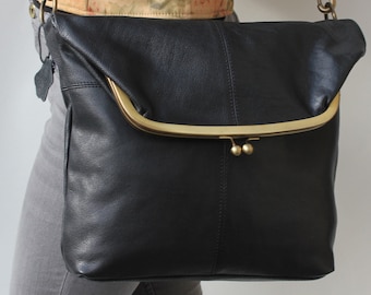 Dublin Large Clip Bag, Black Leather bag, Foldover Clip Bag, Giant clasp frame bag, Flap over or flip over kiss lock, Ball clasp large purse