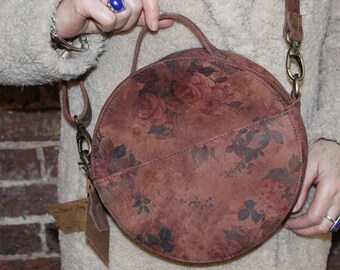 Sac circulaire en cuir, Floral foncé 14, Sac rond Rupert, Porte-monnaie rond en cuir imprimé floral, Pochette sur le devant, Bandoulière amovible