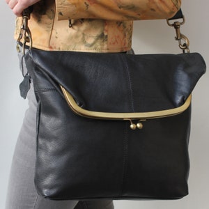 Dublin Large Clip Bag, Black Leather bag, Foldover Clip Bag, Giant clasp frame bag, Flap over or flip over kiss lock, Ball clasp large purse