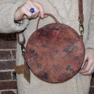 Floral Printed Leather Round Bag: Crossbody with Top Handle