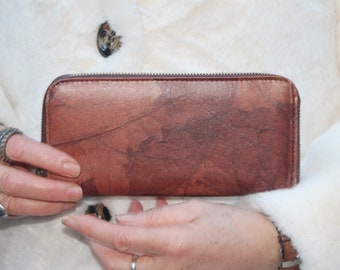 Teak Leaf vegan wallet, Brown zip surround, Vegetarian large wallet, Eco-friendly products, Sustainably sourced purse, Zipped large wallet