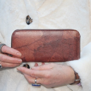 Cartera vegana de hoja de teca, Sonido envolvente con cremallera marrón, Cartera grande vegetariana, Productos ecológicos, Monedero de origen sostenible, Cartera grande con cremallera