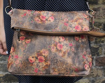 Odilynch Mini Amelie Floral 21 brown Leather Foldover Messenger Bag