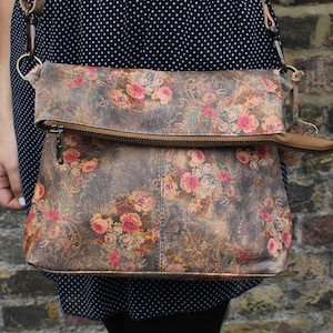 Odilynch Mini Amelie Floral 21 brown Leather Foldover Messenger Bag