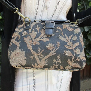 Black Tapestry and Leather Mini Small Doctor Bag Vintage Frame Bag Floral Printed Pattern Crossbody Adjustable and Very Spacious