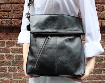 Black Leather Messenger Bag: Crossbody with Zips, 'Amelie'