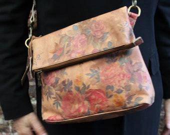 Floral Leather Crossbody Bag: Roses Print Fold Over Flap