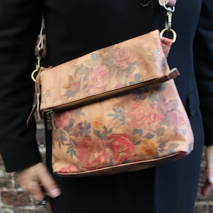 Mini Amelie Floral 14 Leather Fold over Messenger Bag, Flap bag printed leather, Roses on leather, Flap over long strap, Cross body Zipped