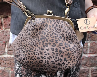 Leopard Print Leather Kisslock Clutch: Evanna Top Clip Bag