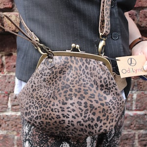 Top Clip And Clutch Evanna bag, Leopard Print Leather, Small Handbag purse, Adjustable detachable straps, internal zip pocket, day or night