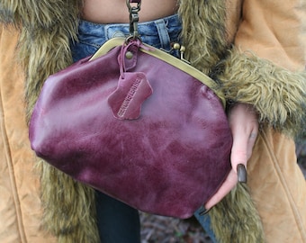 Purple Leather Large Top Clip Handbag, Clasp lock Purse, Clutch and clip frame bag, Evanna Bag Clip Cross-body Clutch, Ball clasp small bag