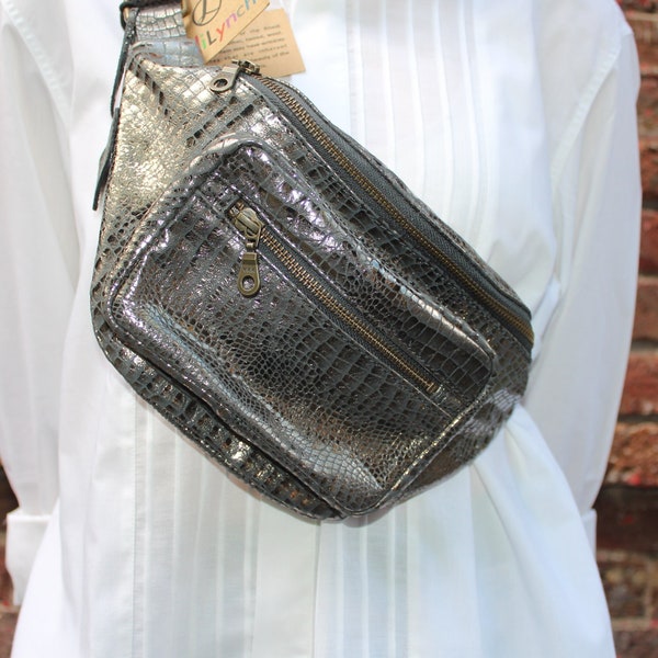 Bum bag fanny pack leather, Dark silver crocoprint embossed leather, 3 compartments, YKK zips, Front and middle sections, Internal zip pock