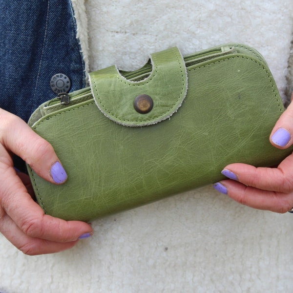 Big Fat over sized apple green wallet, Double clip frame purse, Zipped compartment, Cards, Coin purse, Clutch purse, apple green leather