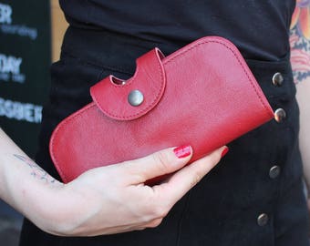 Red Leather Clutch Wallet: Oversized, Double Clasp, Multi-Space